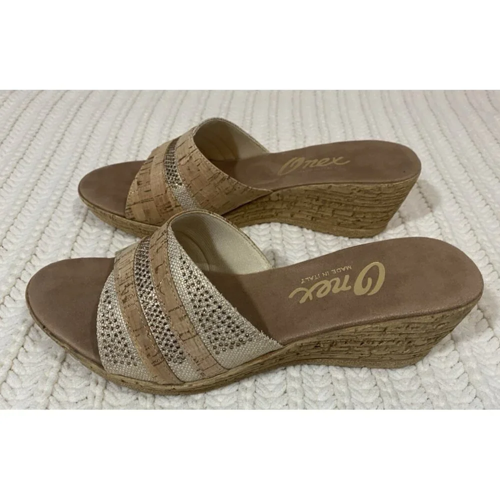 Onex Blanche Linen Stones Cork Wedge Sandals Shoes Made in Italy Womens 11 - Picture 4 of 13